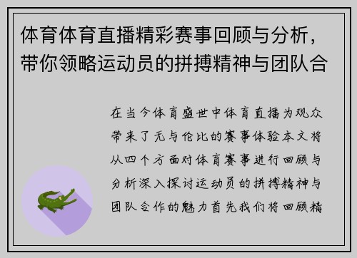 体育体育直播精彩赛事回顾与分析，带你领略运动员的拼搏精神与团队合作魅力