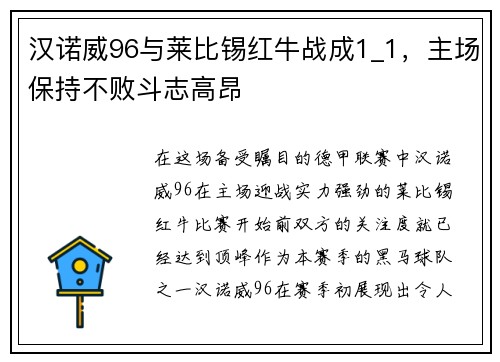 汉诺威96与莱比锡红牛战成1_1，主场保持不败斗志高昂